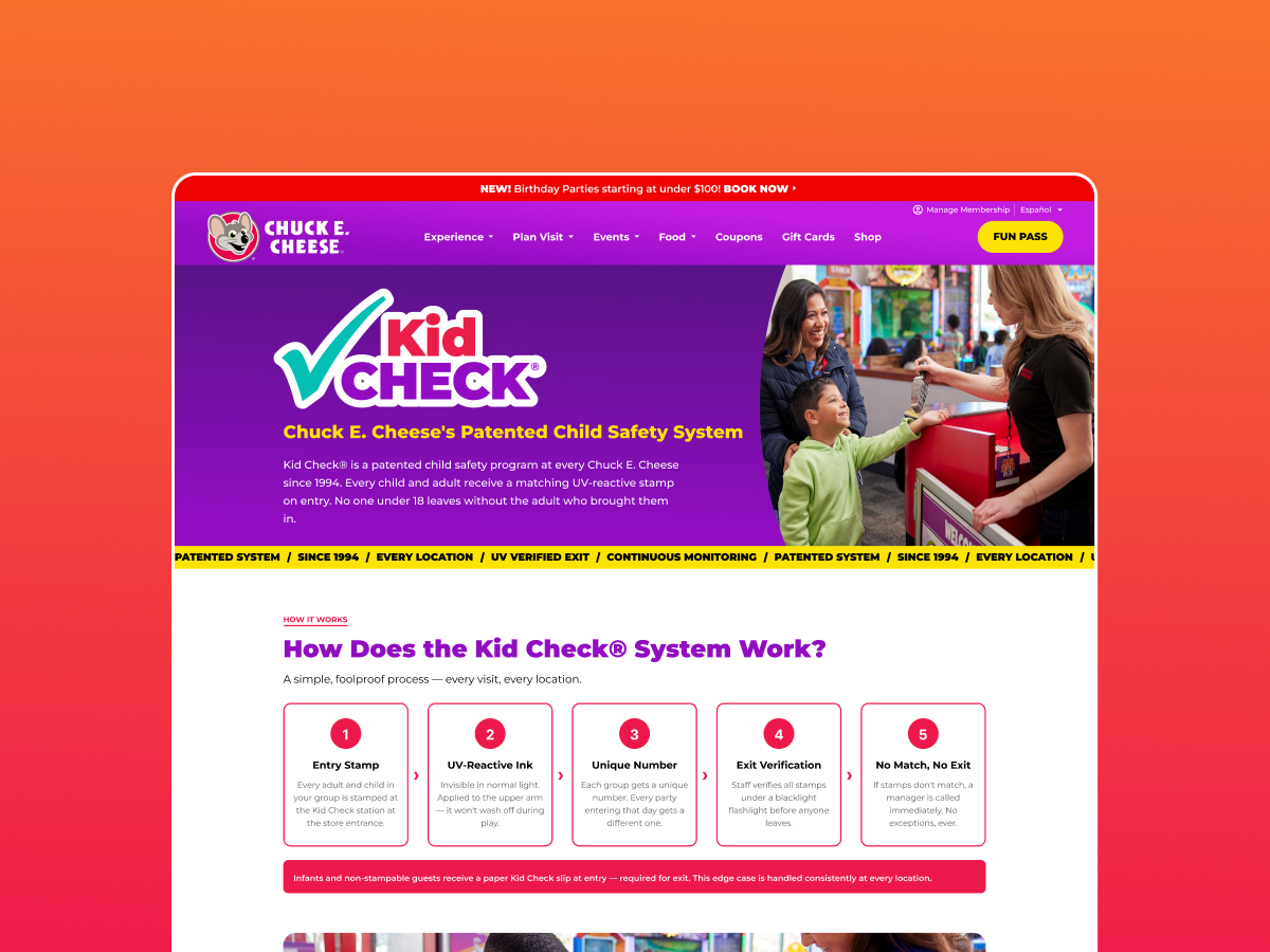 Chuck E. Cheese Kid Check landing page